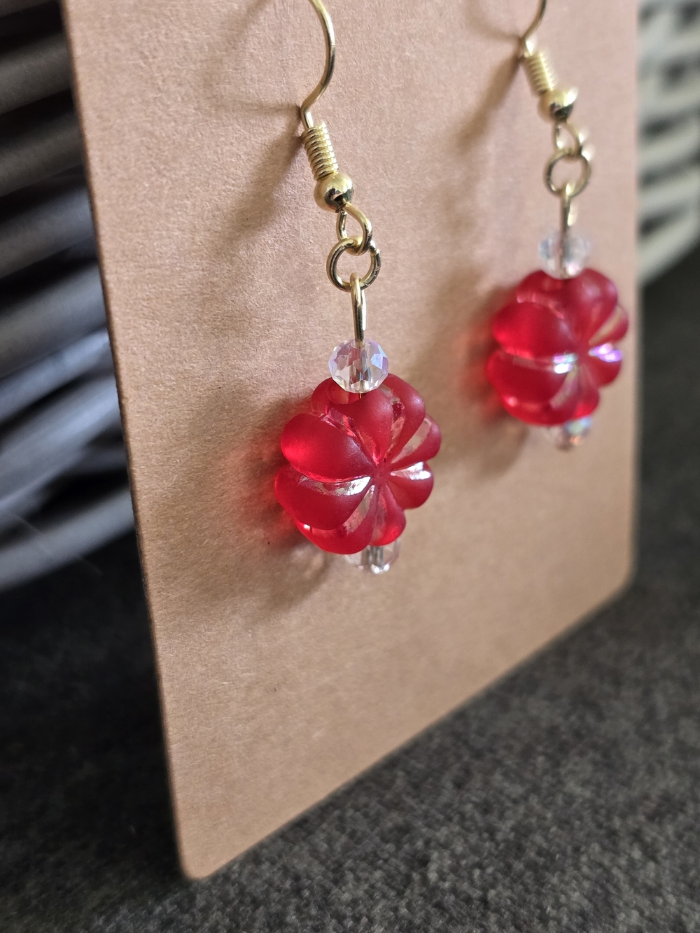 Handmade Red Flower Glass Drop Earrings - Picture 4 of 5